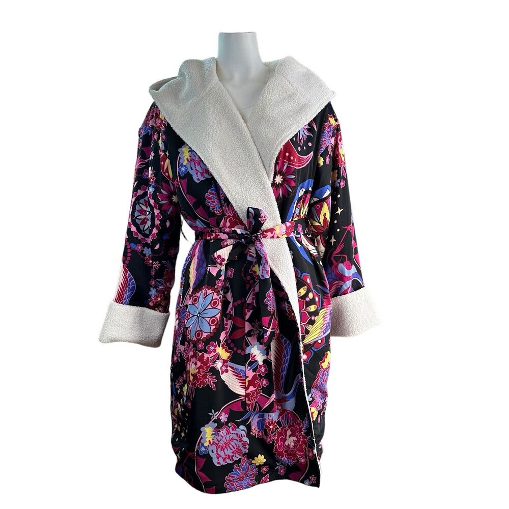 NEW G By Giuliana LounGy Sherpa Lined Satin Robe Size M/L BLACK & FLORAL